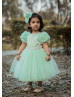 Short Sleeves Mint Tulle Pearls Beaded Fashion Flower Girl Dress